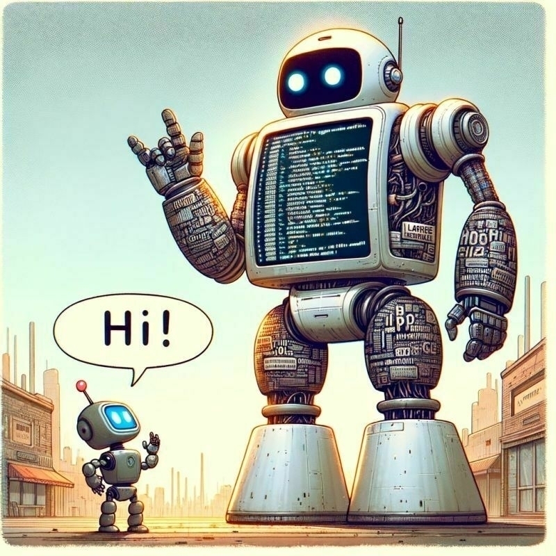 A large robot with a screen displaying code interacts with a smaller robot that is waving and saying Hi! in a stylized city setting.