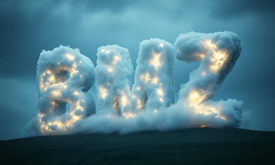 Wolken bilden die Buchstaben BMZ, durch die Licht gegen den dunklen Himmel scheint.