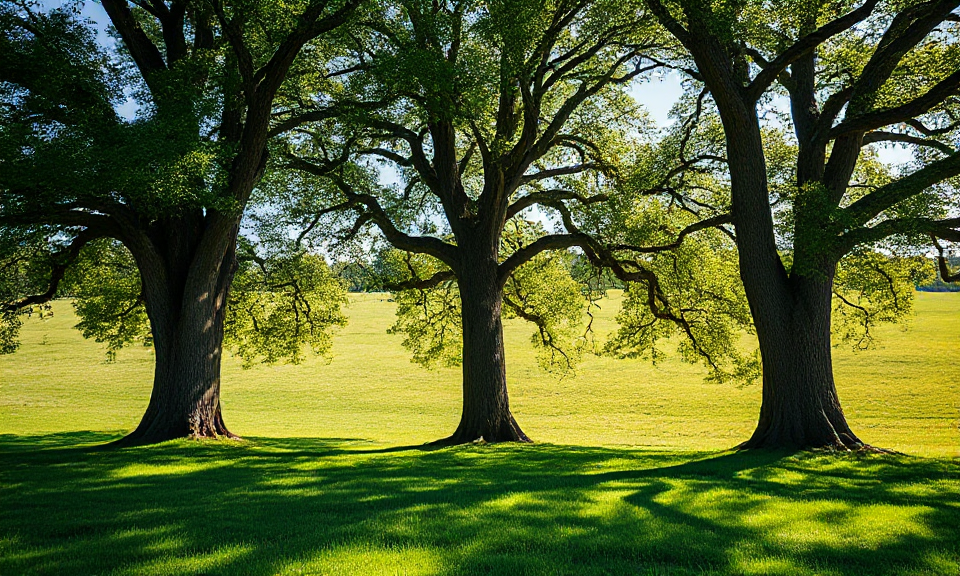 Three large trees stand in a sunlit grassy field, casting long shadows.