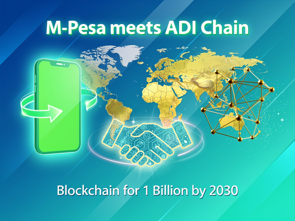 A digital illustration shows a mobile phone and blockchain network connected by a handshake, with a world map in the background and the text M-Pesa meets ADI Chain and Blockchain for 1 Billion by 2030.