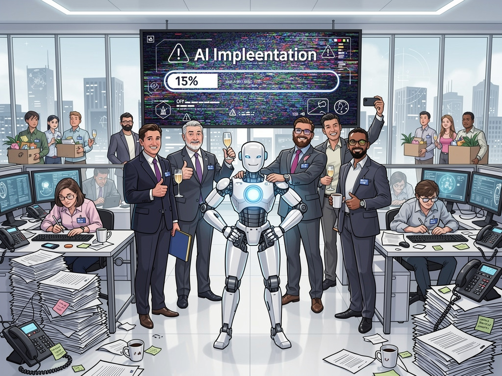 In an obviously AI-generated image, in a bustling office, a humanoid robot stands with a group of smiling management people, celebrating the progress of AI implementation displayed on a large screen that shows 15% progress and misspelled words.
