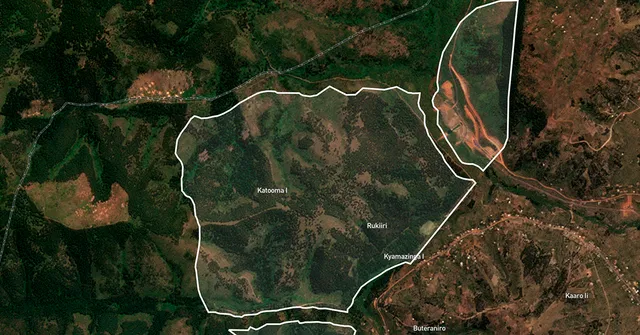 Aerial view of a landscape map with designated areas marked by white borders and various terrains visible.