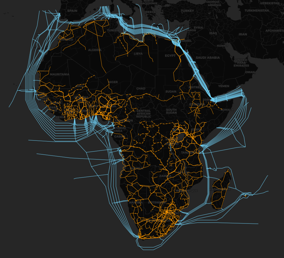 A map of Africa highlights terrestrial fibre optic cables with yellow lines and depicts surrounding submarine cables in blue.