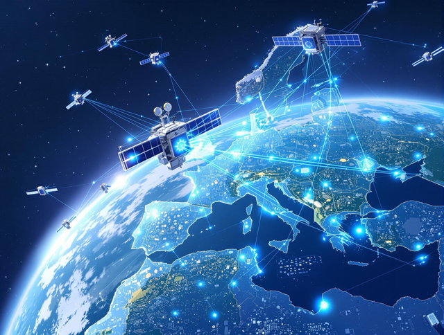 Satellites orbiting Earth are shown connected by a network of glowing lines over a dark space background.