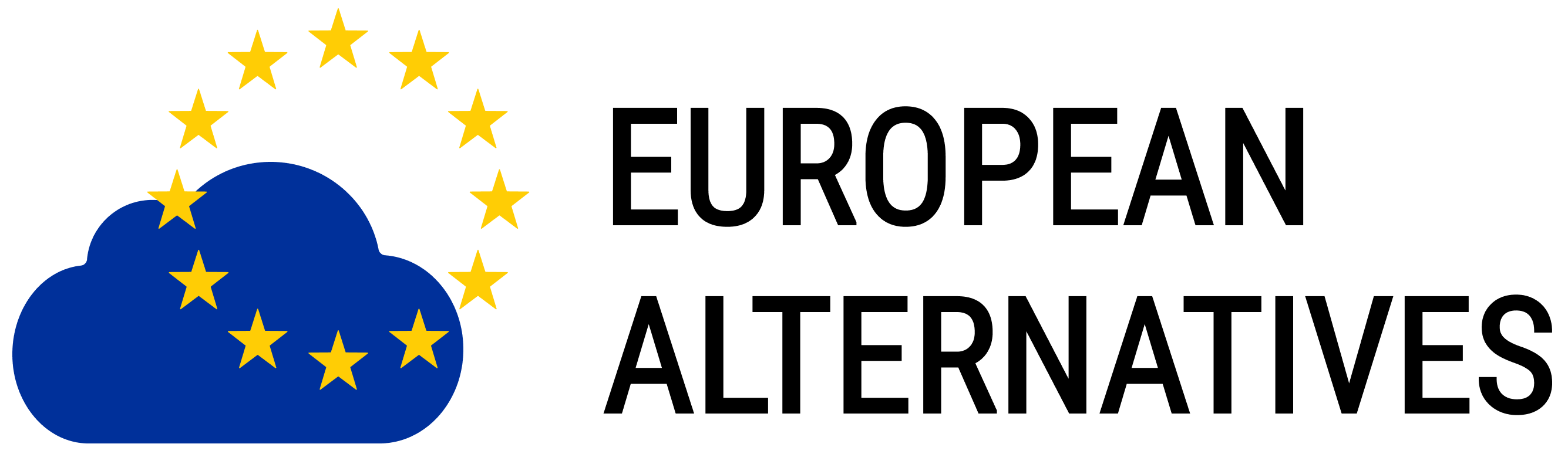 A blue cloud featuring yellow stars arranged in a circular pattern reminiscent of the European Union flag is accompanied by text on the right reading European Alternatives.