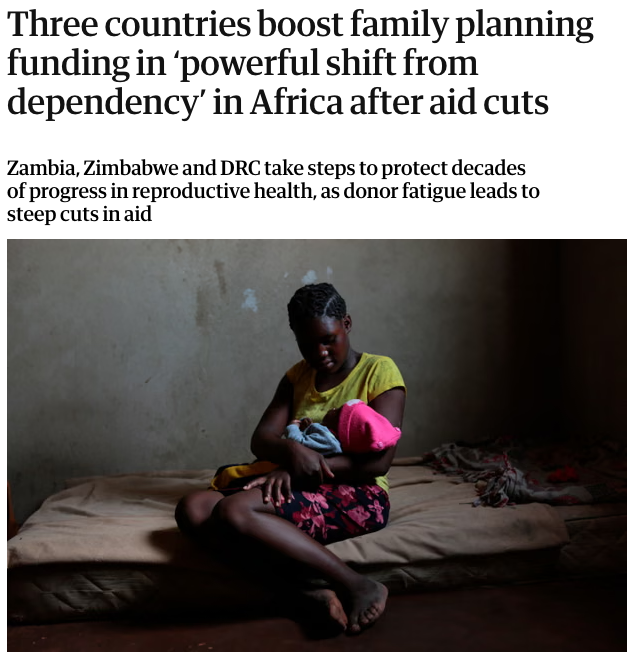 A woman sits on a bed holding a baby, with a headline about African countries increasing family planning funding.