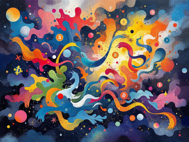 A vibrant and abstract explosion of colorful cosmic swirls and shapes featuring various symbols, such as Bitcoin logos, against a dark background.