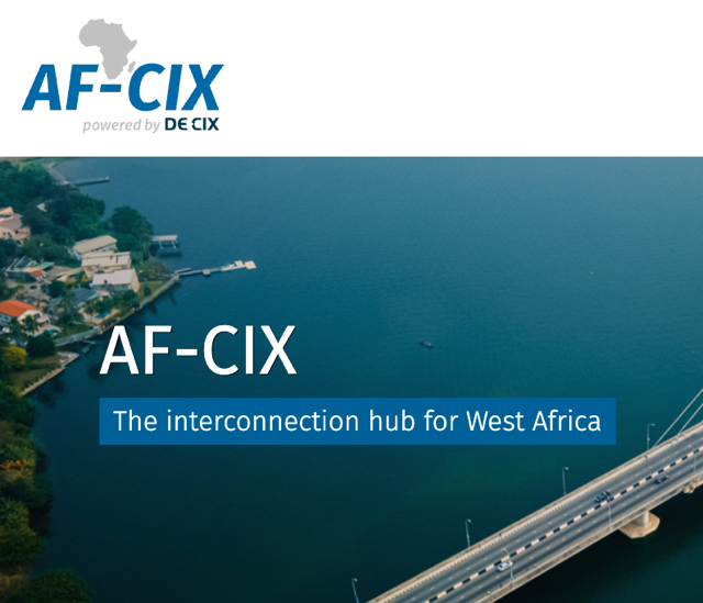 Aerial view of a bridge over water, accompanied by the text AF-CIX: The interconnection hub for West Africa with a logo featuring the African continent.