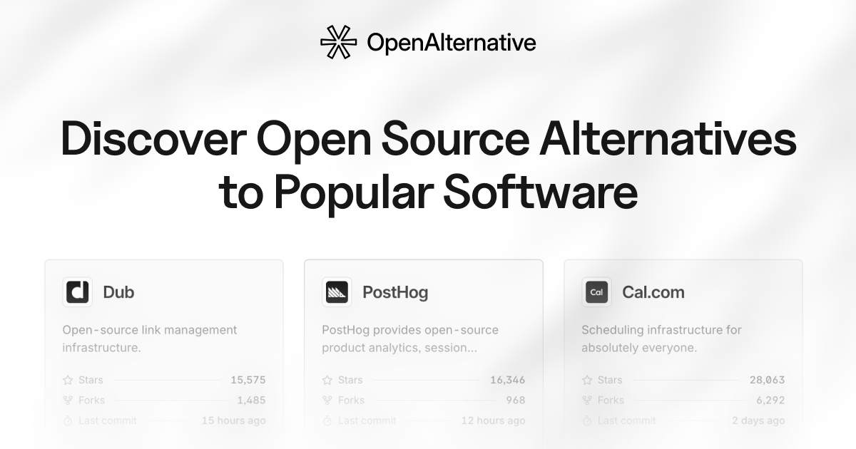 Screenshot of OpenAlternative website that promotes discovering open source alternatives to popular software, featuring some examples.
