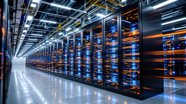 Das Bild zeigt ein modernes Rechenzentrum mit Serverracks, die mit blauen und orangefarbenen Lichtern beleuchtet sind. Die Umgebung ist sauber und gut organisiert, mit sichtbaren Kabeln und Infrastruktur. Der Boden ist reflektierend.