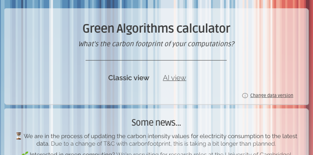 Green Algorithms calculator webpage with a gradient background displaying a prompt about computing carbon footprint.