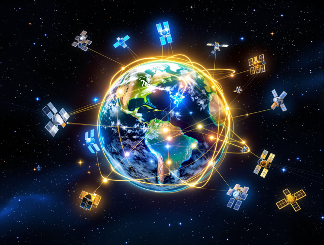 A vibrant illustration depicts Earth surrounded by multiple satellites orbiting in space, emphasizing global connectivity.