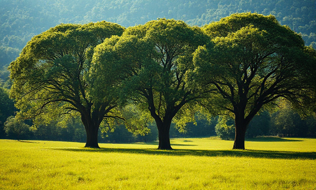 Three large trees stand in a sunlit field of grass with a forested hillside in the background.